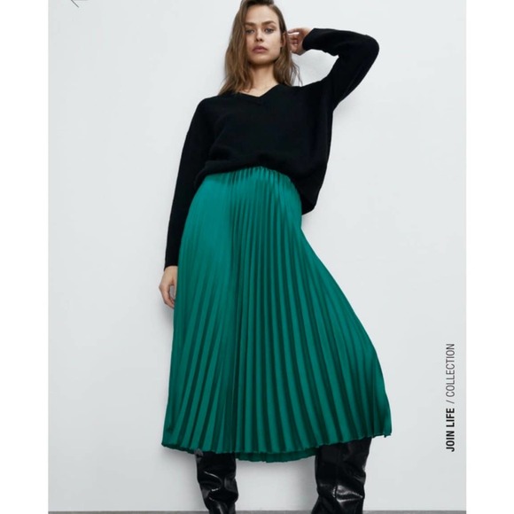 ZARA PLEATED SATIN MIDI SKIRT METALLIC GREEN - Picture 7 of 9